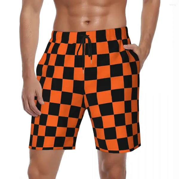 Pantalones cortos para hombres Tablero de hombres Naranja y negro Checker Lindo Hawaii Swim Trunks Moda Secado rápido Corriendo Pantalones cortos de playa de gran tamaño