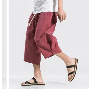 Shorts pour hommes hommes coton lin couleur unie taille élastique T hip-hop respirant décontracté 3/4 pantalons pantalons de Yoga japonais et coréens