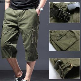 Heren shorts Men bijgesneden broek vaste kleur dun losse type midden-kalf lengte rekbare taille mannen vrachtbroek losse herenkleding streetwear w0327