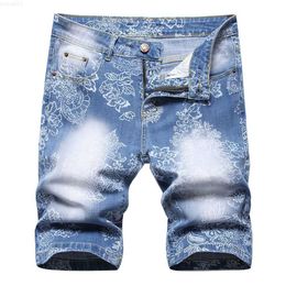 Shorts pour hommes hommes impression numérique Short en jean été Floral peint Stretch jean mode genou longueur culotte L230719