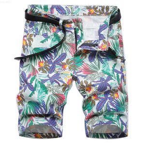 Heren Shorts Heren Digital Print Stretch Denim Shorts Mode Tropische Plant Bloem Rijbroek voor de Zomer L230719