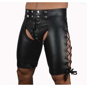 Hommes Shorts Hommes Cordon Rivet Sous-Vêtements Sexy Night Club En Cuir Hommes Boxers Cuecas Masculina Underpant Ass Homme Libre Plus La Taille 2XL