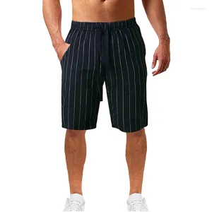 Shorts masculinos homens cordão listrado algodão linho casual meados cintura elástica correndo praia bezerro verão swimwear troncos de natação