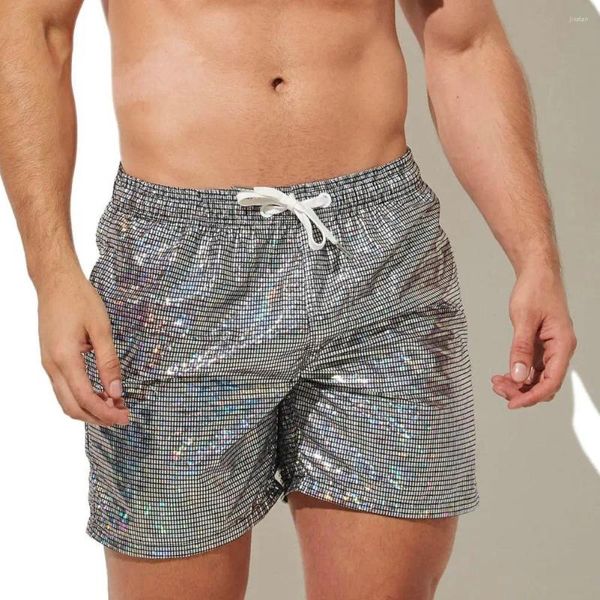 Pantalones cortos para hombres Hombres Gimnasio Cordón Elástico Cintura Lentejuela Color Sólido Transpirable Secado rápido Fitness Trotar Ejercicio Playa Ropa deportiva