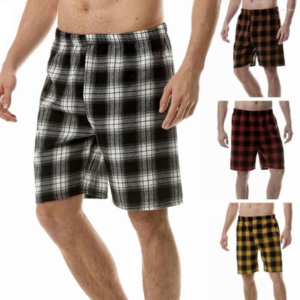 Pantalones cortos para hombre, cintura elástica de tiro medio, estampado a cuadros para dormir, pijama recto de pierna ancha, ropa informal para hombre