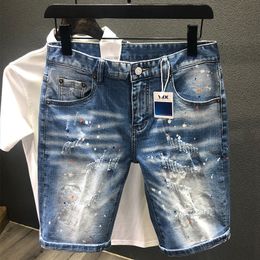 Heren shorts Men gescheurde gat denim shorts rek hiphop verf splatter rafelen streetwear trend vernietigd vintage mannelijke jeans kort 230417