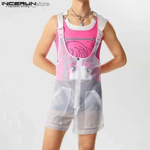 Heren shorts Men Rompers sexy los mesh patchwork mouwloze mannelijke jumpsuits streetwear 2023 zakken transparante casual overalls l240320