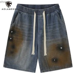 Herenshorts High Street Jean-shorts voor heren Brandend patroon Trekkoord Gewassen Losse kniebroek Casual rechte denim Vijfpuntsbroek YQ240111