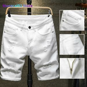 Heren shorts shorts shorts nieuwe zomer witte zwarte mannen scheurde gat denim slanke casual knie lengte korte rechte jeans bermuda voor mannen 022023H