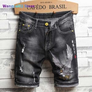 Heren shorts shorts shorts shorts zomer jeans knie lengte gescheurde gat Chinese stijl adelaar borduurwerk denim mannelijke vijfpunts broek 022023H