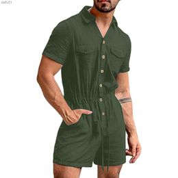 Heren shorts heren zomer casual korte mouw draai kraag knop vaste kleuren katoen linnen pocket shorts jumpsuit strand los romper#g3 l230520