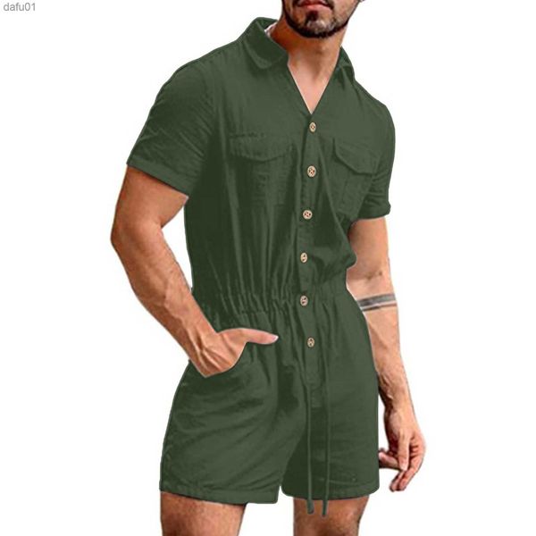 Shorts pour hommes été décontracté manches courtes col rabattu bouton couleurs unies coton lin poche Shorts combinaison plage lâche barboteuse # g3 L230520