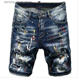 Heren shorts Men Summer Blue Shorts Jeans Holes Denim Shorts Verf Casual Streetwear Jeasn Shorts Hoge kwaliteit Men Slim Fit Stretch Jeans 38 Q240529