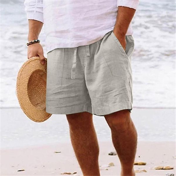 Pantalones cortos para hombre Vintage Color sólido Algodón Lino Primavera Verano Casual Suelto Cordón Amarre Pantalón corto Ocio Lado del mar