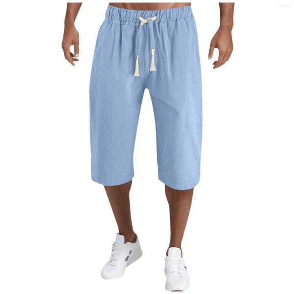 Pantalones cortos para hombres Pantalones de harén de lino de algodón de playa para hombre Pantalón de carga casual Cintura elástica Baggy Bolsillo con cordón suelto