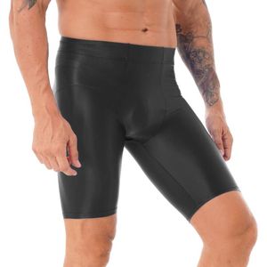 Heren shorts Heren Glanzende gladde elastische elastische tailleband korte leggings sport fitness gym stevige knie lengte badmode bodems voor manmen's