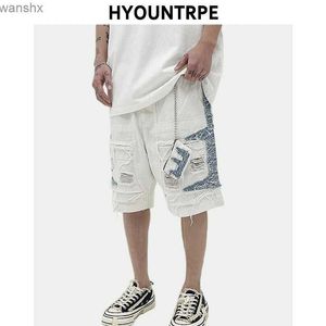 Short masculin pour hommes High Street Denim Shorts décontractés et lâches Trou de déchirure Dépose d'épissage lâche Travail Hip-Hop Street Clothing Short et lent Runningl2404