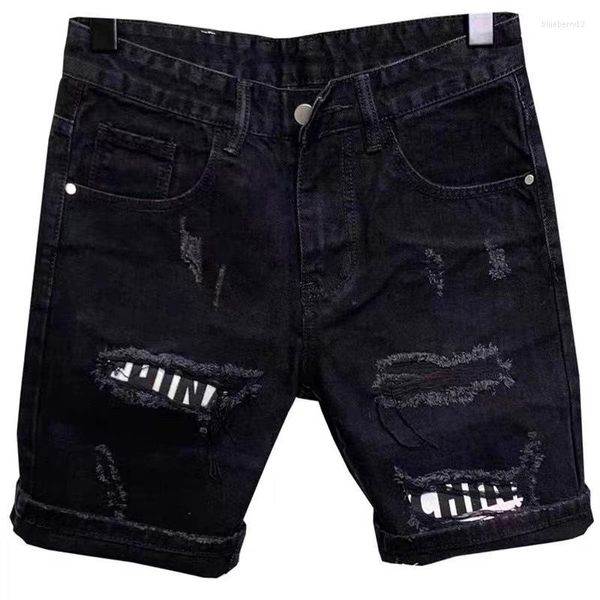 Hommes Shorts Hommes Trou Patch Coréen Slim Jeans Pantalons Courts Pieds Noir Denim Pour Hommes Cowboy Adolescent Designer