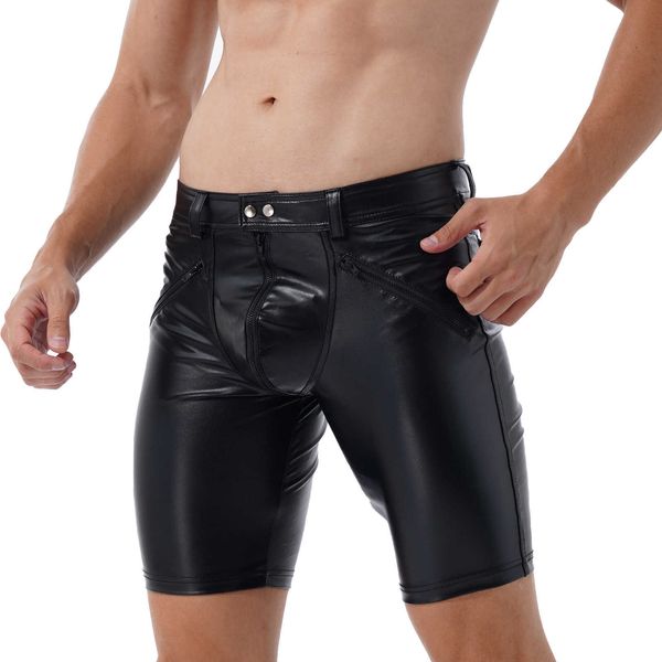 Shorts pour hommes Shorts en cuir pour hommes Fermeture à glissière complète Bouton avant Fermeture à bouton-pression Entraînement Gym Pantalon moyen pour entraînement sportif Course à pied Fitness Z0216