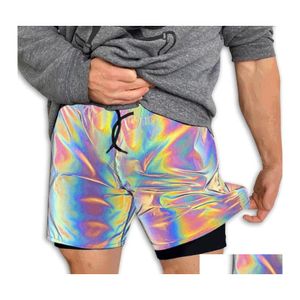 Pantalones cortos para hombre Mens Rainbow Reflective Men Short Casual Work Night Club Running Hip Hop Ourdoor Workout Jogger Moda Oversize Drop D Dh07B