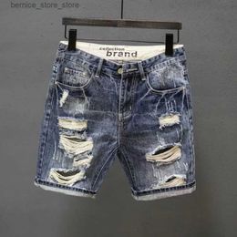 Pantanos cortos para hombres cortos de mezclilla rasgados de mezclilla pantalones cortos delgados de verano con agujeros desgastados de diseño rasgado jeans cortos jeans macho Q240529