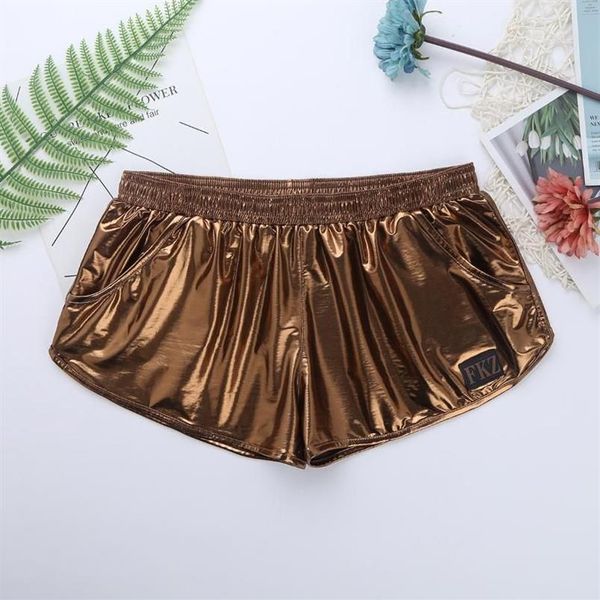 Pantalones cortos para hombres Mens Shiny Metallic Boxer Rave Party Clubwear Disfraces Natación Troncos Low Rise Cintura elástica Danza ShortsMe247x