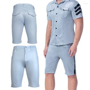 Short homme brillant Sexy bleu Boxer cuir verni longue jambe courte culotte boîte de nuit