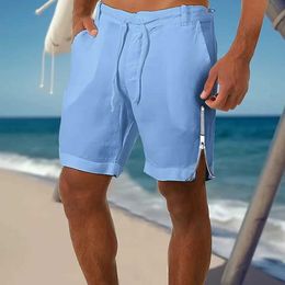 Shorts pour hommes Shorts pour hommes mode 2024 solide Drstring pantalons de plage Vintage coton lin respirant hommes été côté fermeture éclair pantalons de sport ShortsC240402