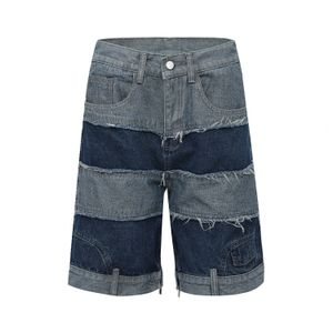Shorts pour hommes Rayé Patchwork Jeans Shorts Hip Hop Destruction Tassel Washed Cut Denim Shorts Reverse Design Zip Baggy Jean Male 230327