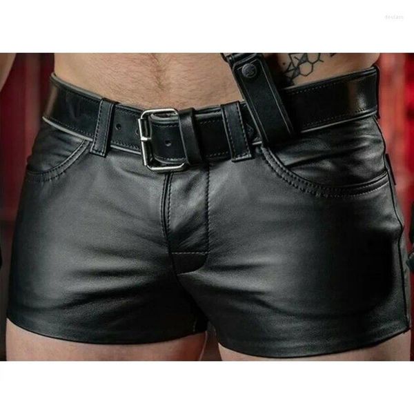 Pantanos cortos para hombres Summer Sexo Black Leather Casual Skinny Motorcycle Riding Pu Street Boxer Club Punk pantalones cortos