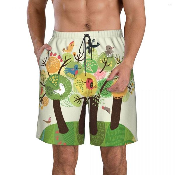 Pantalones cortos para hombre Trajes de baño para hombre Trajes de baño para la playa Trajes de baño para correr Deportes Surf Familia de pájaros en el árbol Secado rápido