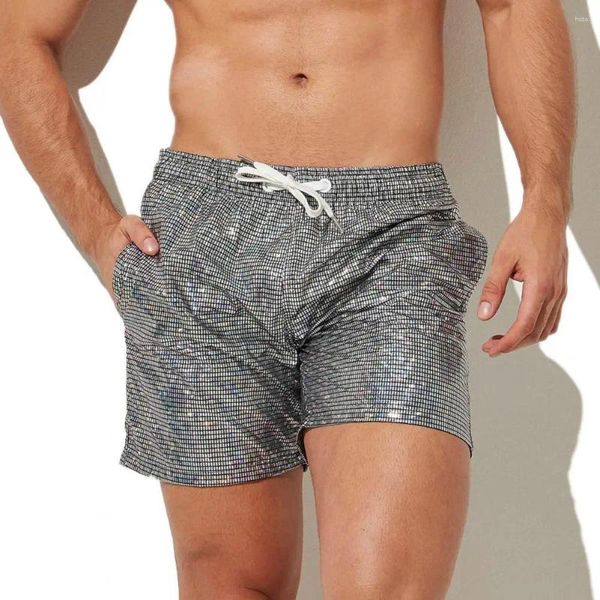 Pantalones cortos para hombres Pantalones de playa de estampado metálico gimnasio con lentejuelas con cintura con cordón