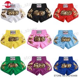 Heren shorts muay thai shorts gouden borduurwerk boks shorts kind vrouwen mannen satijn polyester gym kooi vechten vechten grappling mma kickboxing broek t240419