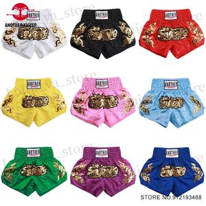 Shorts masculins Muay thai shorts or broderie boxing shorts enfants hommes hommes satin polyester gym cage combattant grappling mma kickboxing pantalon t240419