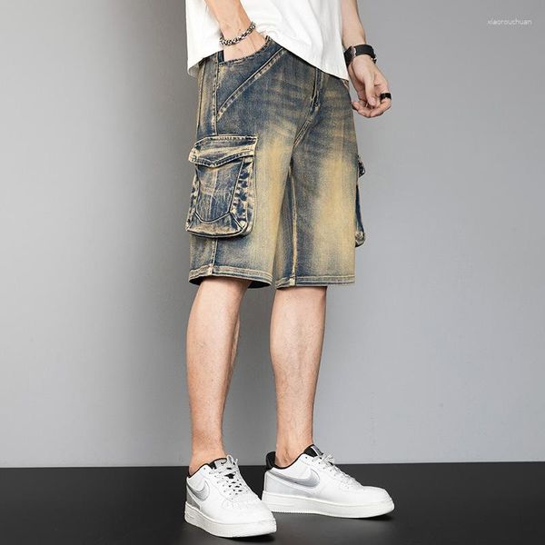 Pantalones cortos para hombres múltiples bolsillos sueltos holgados vaqueros pantalones de cinco puntos de cargamento de cargamento de carganza de hip hop talla 42 44