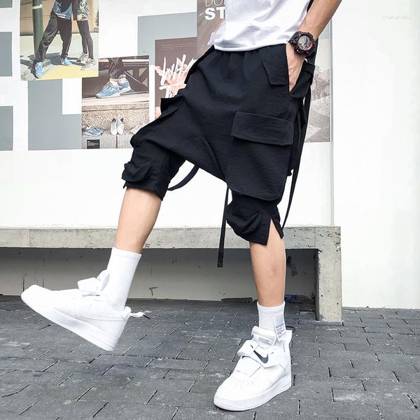 Shorts pour hommes Multi poches rubans Cargo hommes Harajuku Hip Hop entrejambe pantalon court Style coréen décontracté