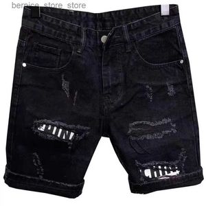 Shorts masculins New Mens 2024 Hole Stickers Fashion Hole Denim Pantalon Black Hip Hop Jeans Shorts Q240529