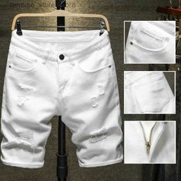 Shorts para hombres New Summer White Black Men rasgados pantalones cortos de mezclilla delgada longitud de rodilla de la rodilla corta de jeans cortos de jeans Bermudas para hombres Q240529