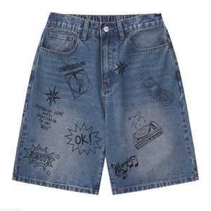 Herenshorts Nieuwe Y2K-patroon Graffiti bedrukte wijde pijpen casual spijkerbroeken Vintage herenshorts Amerikaanse Harajuku casual losse jeans voor dames