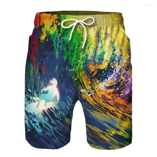 Short pour hommes motif de peinture à l'huile plage imprimée en 3D pour la natation et le surf