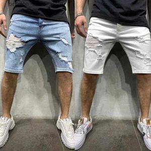 Heren shorts geperforeerde heren denim shorts gescheurde jeans Europese en Amerikaanse groot formaat witte strakke trendy streetwear heren korte broek Q240529