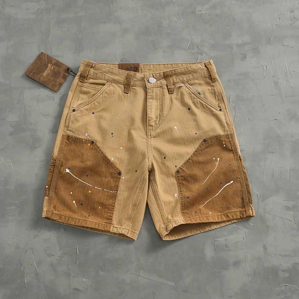 Shorts pour hommes Paint Spray Paint To Do Old Cargo Short Mens American Casual Color Patchwork Fishbone Nail Loose Loose Loose LoUt Mid-Leg Pants Y240507