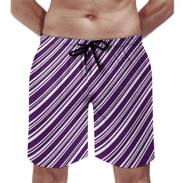 Pantalones cortos para hombres Tablero de línea púrpura y blanco Ocio Playa Patrón de rayas de caramelo Troncos de natación de gran tamaño Calidad