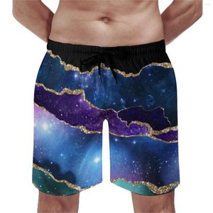 Pantalones Cortos para Hombre Púrpura Verde Azulado Dorado Brillo Tablero De Mármol Elegante Galaxy Pirnt Pantalones Cortos De Playa Clásicos Correr Surf Bañador De Secado Rápido