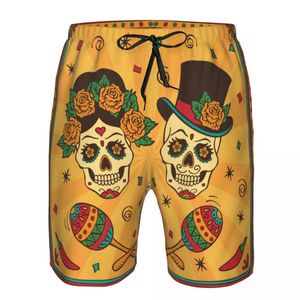 Pantanos cortos para hombres de verano para hombres secos secos. Breble de la playa cortos para el hombre calaveras de azúcar mexicana con maracas nadando tronco playas de playa