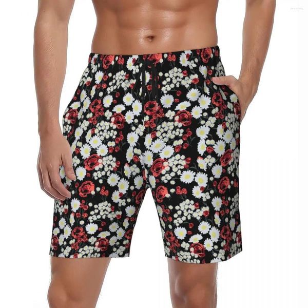 Shorts pour hommes Rouge Blanc Fleur Gym Summer Rose Daisy Print Running Board Pantalon court Hommes Respirant Casual Design Plus Taille Maillot de bain