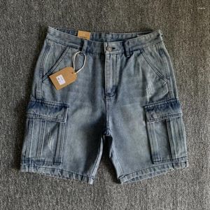 Pantalones cortos para hombres Retro American Heavy Washed Denim desgastado para hombres Bolsillo Suelto Recto Medio Jeans Pantalones Verano Vintage Cargo Ropa de trabajo