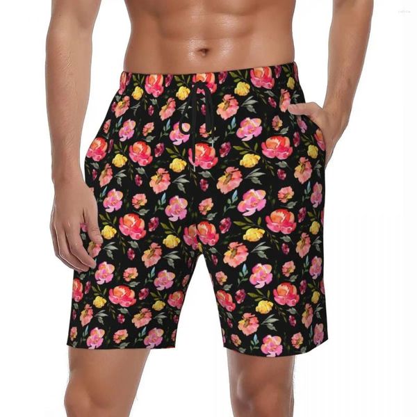 Pantalones cortos para hombre Rosa Floral Gimnasio Verano Flores coloridas Y2K Retro Playa Pantalones cortos Hombres Surfing Troncos impresos de secado rápido