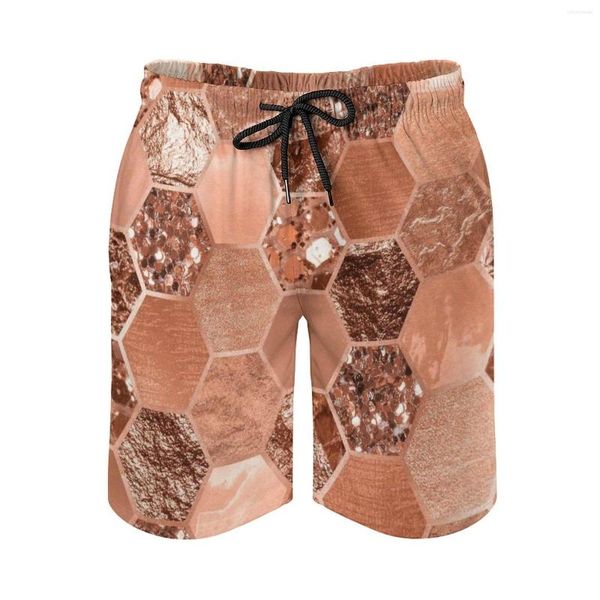 Pantalones cortos para hombre, oro rosa, hexaglam, rubio, playa para hombre, estampado 3D, tabla de Surf suelta, ropa de playa, Geo hexagonal geométrico