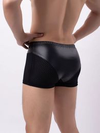 Pantalones cortos para hombre Sexy Casual Male Boxer PU Faux Leather Patchwork Mesh Hombres Verano Low Rise Transpirable Half Sheer Transparent Men's ClothesMe